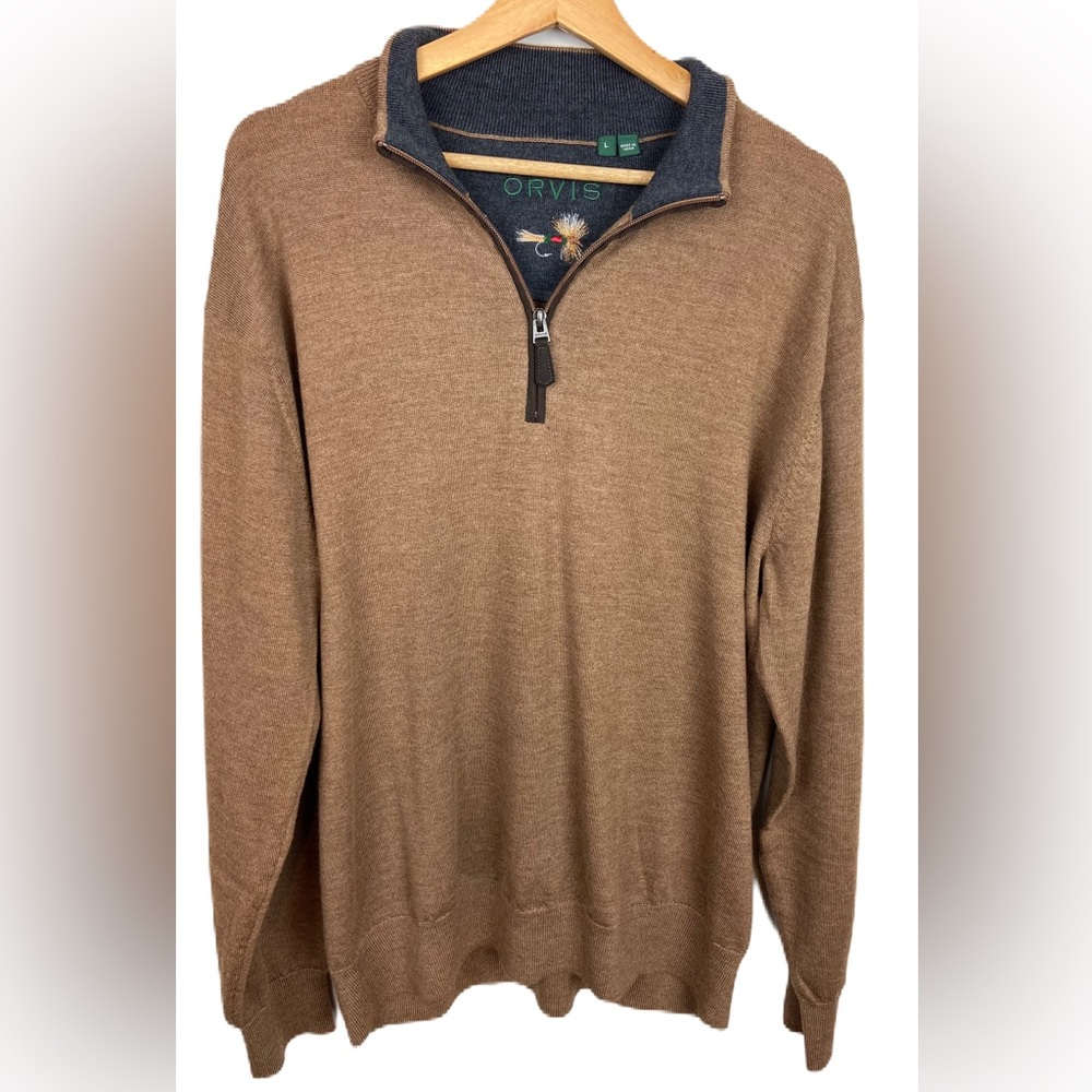 Orvis Men’s Large Brown 100% Merino Wool Quarter Zip Long Sleeve Sweater